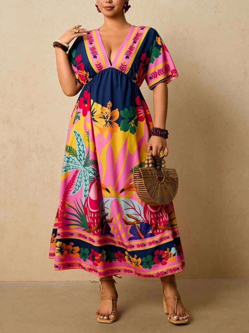 Multicolor Boho Women's Plus Size Tropical Print V-Neck Short Sleeve maxi Dress - Picture 6 of 7